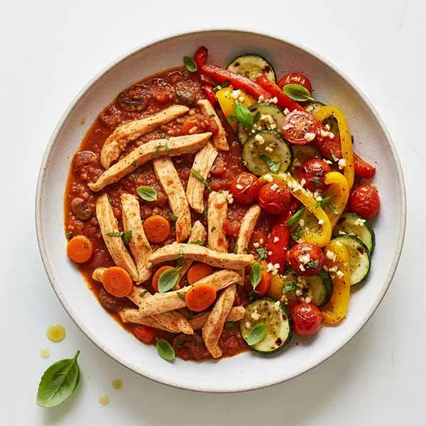 Pollo alla Cacciatora With Griddle Roasted Basil Garlic Vegetable